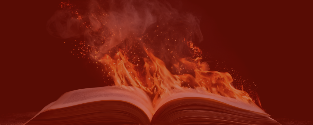 An open book on fire; image tinted red